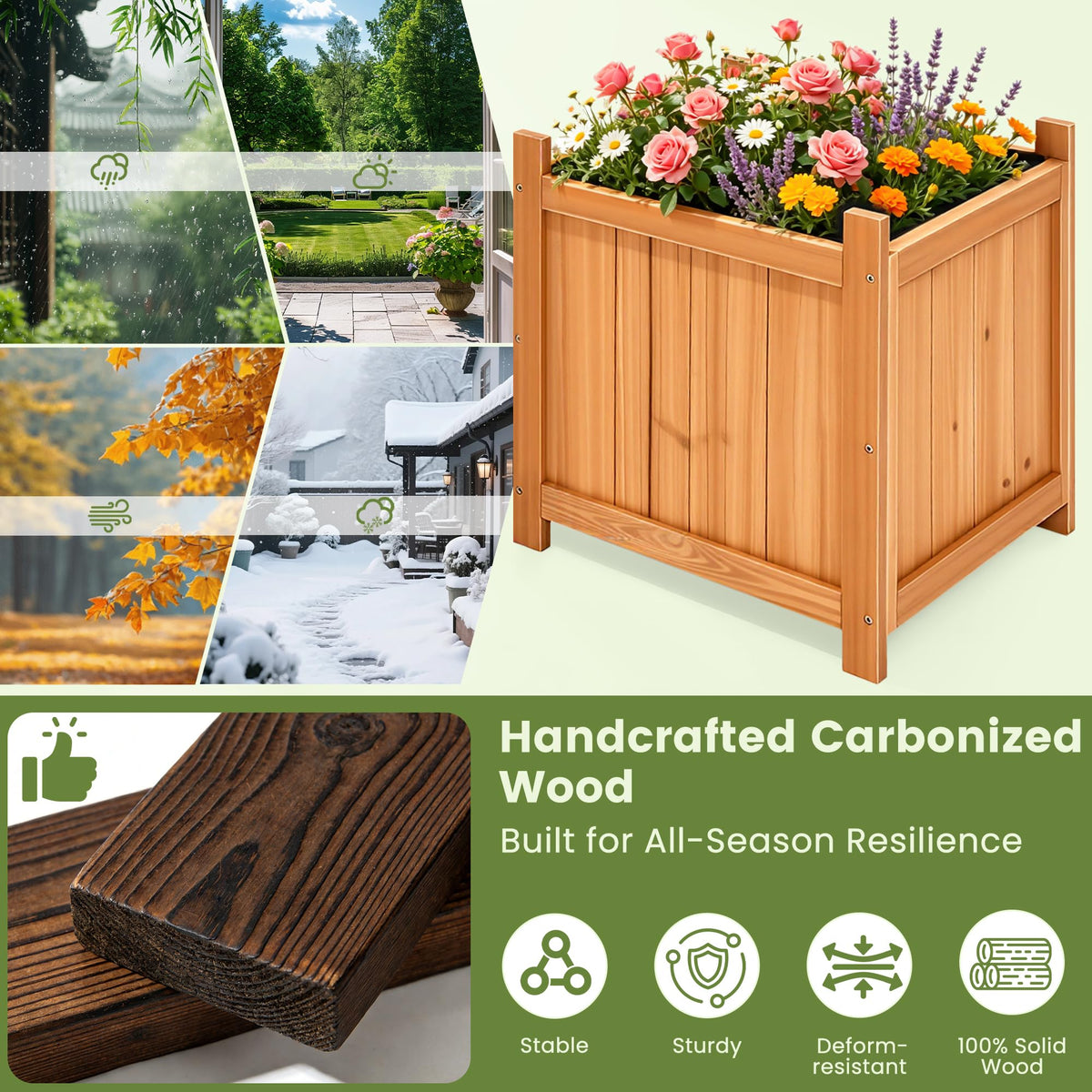 Ultym Set of 2 Wooden Planter Boxes Outdoor, 16.1" Square Fir Wood Flower Planters with Liner, Drainage Holes & Removable Bottom Board, Natural Wood Outdoor Bucket Planter for Patio Porch Yard Garden