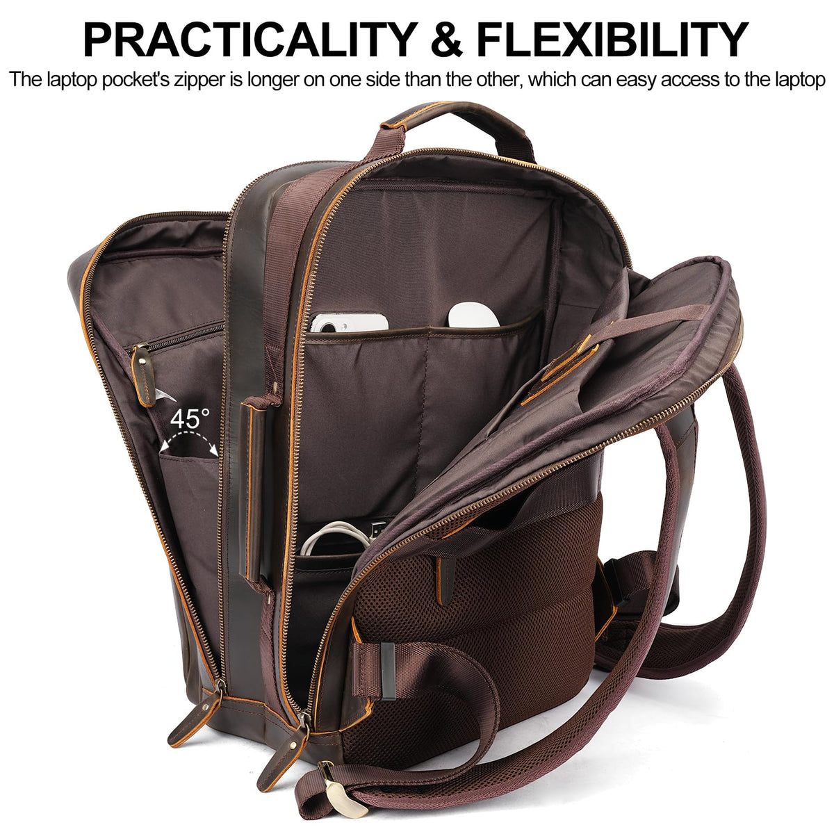 TIDING 17.3" Full Grain Leather Laptop Backpack for Men Multi Pockets Casual Daypack Business Travel Rucksack