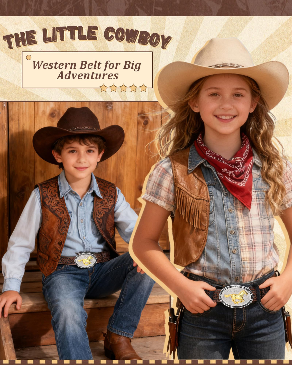 AWAYTR Kids Western Belt with Detachable Buckle - PU Leather, 3 Sizes (23"-34.5"), Adjustable for Daily Wear & Halloween (Horse Buckle-Dark Brown, Fit Waist: 23"-26")