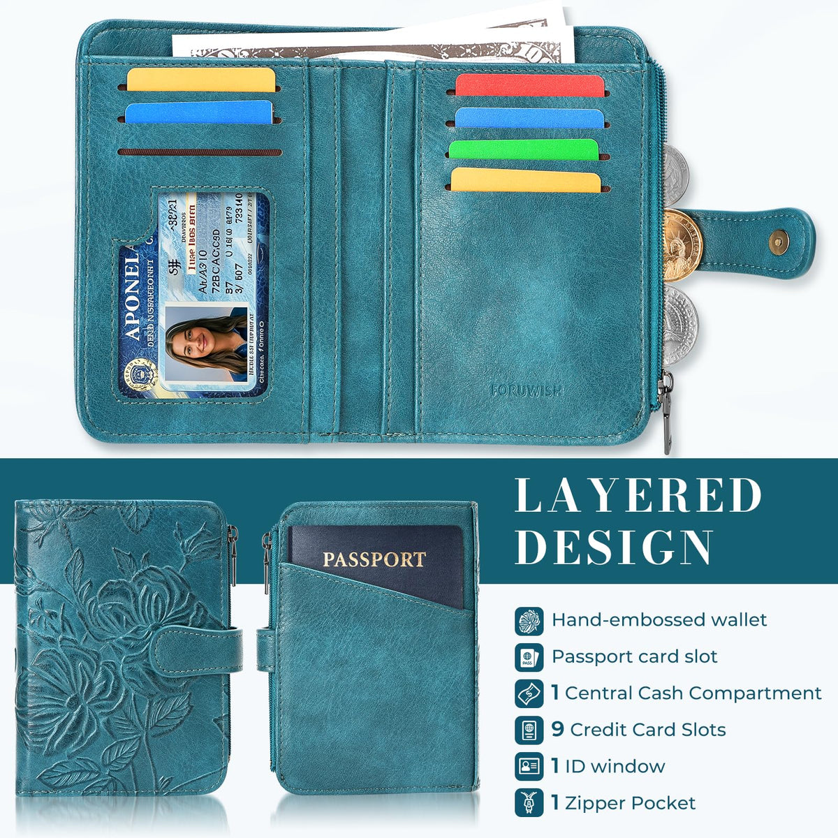 FORUWISH Small Wallet Women RFID Embossed Vegan Leather Credit Card Holder Wallet for Women Bifold with Zipper Coin ID Window Pocket