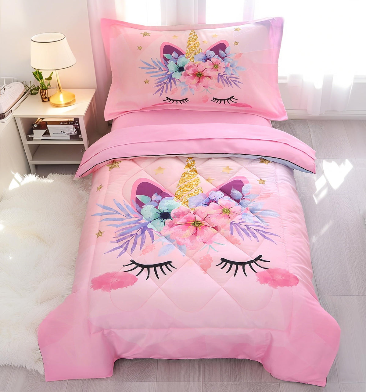 KINBEDY Toddler Bedding Set 4 Piece Pink Unicorn Crib Bedding Set for Girls Soft Cute Floral Toddler Bed Sheets Comforter Set Baby Bedroom Set, Include Comforter, Flat Sheet, Fitted Sheet, Pillowcase