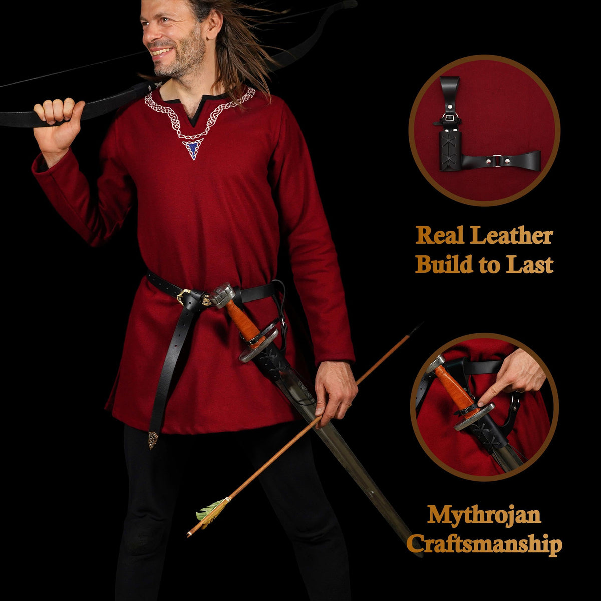 Mythrojan Medieval Sword Frog Adventurer with Leather Holder for Universal Rapier, Broadsword, Cutlass, Belt Mount Scabbard Hanger for LARP, Reenactment & Costume, Black - 8" x 8"