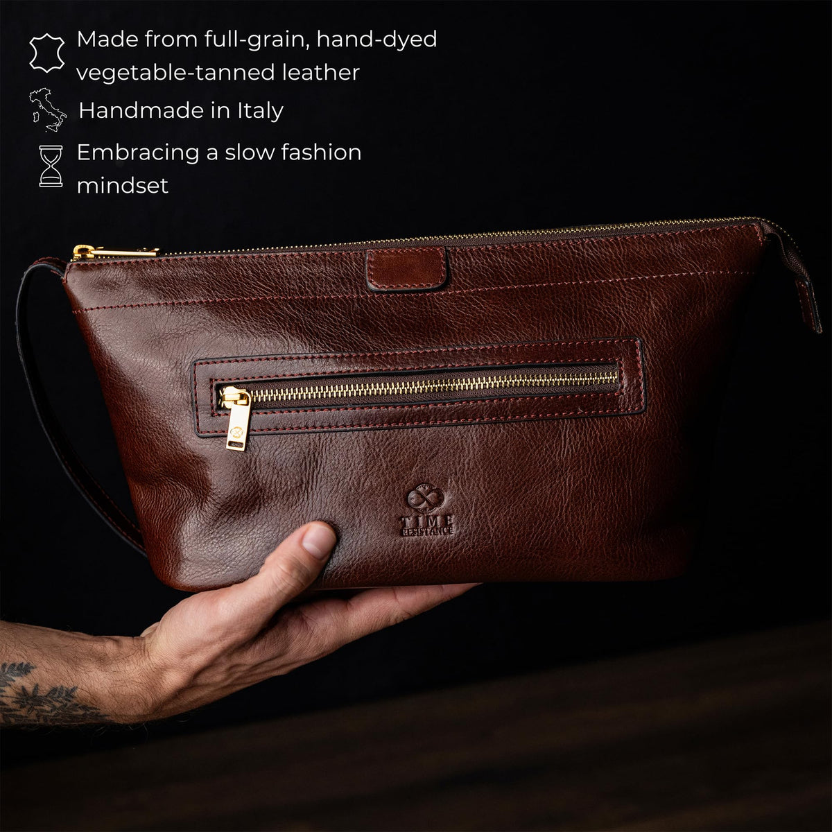 Time Resistance Leather Toiletry Bag - Dopp Kit, Full-grain Leather Cosmetic Case, Wash Bag (Brown)