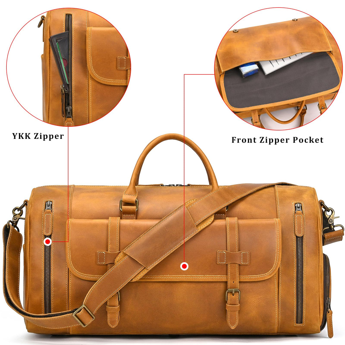 Leather Travel Duffle Bag, Vintage 23" Thick Full Grain Cowhide Travel Bags Leather Overnight Luggage YKK Zipper