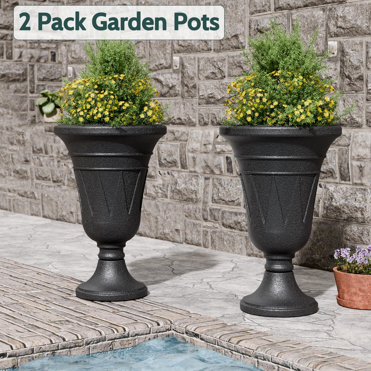 Trygoal 23.6" Tall Plastic Urn Planters for Outdoor Plants, Set of 2 Heavy-Duty Classic Indoor Large Flower Pots with Drainage Holes & Trophy Design, Outdoor Planters for Porch, Home Garden, Black