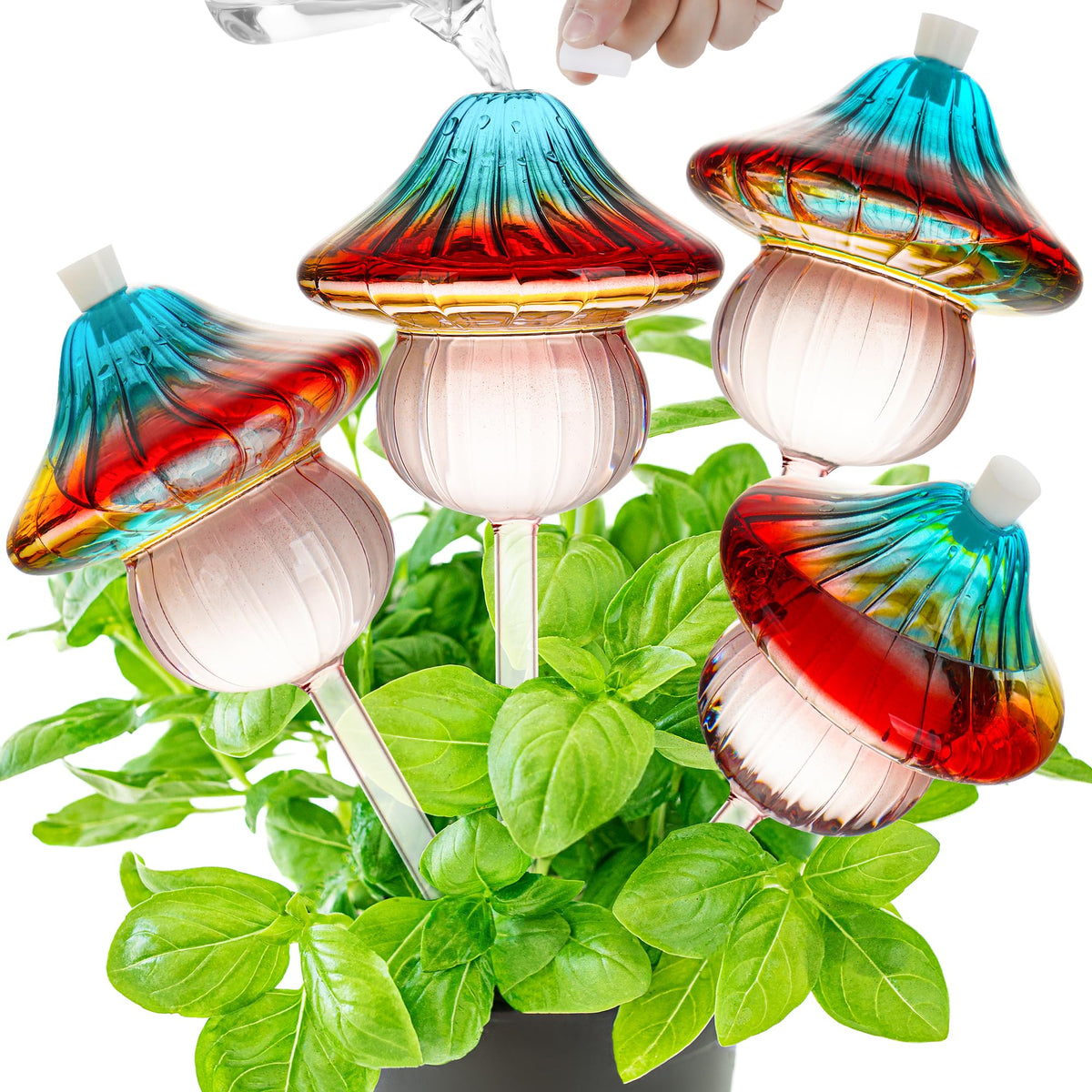 Kaimfdg 11 oz Large Plant Watering Globes Mushroom, Gradient Color Glass Watering Bulbs, Self Watering Planter Insert, Self Watering Globes - Vacation Plant Watering Devices for Travel (Large 4-Pack)