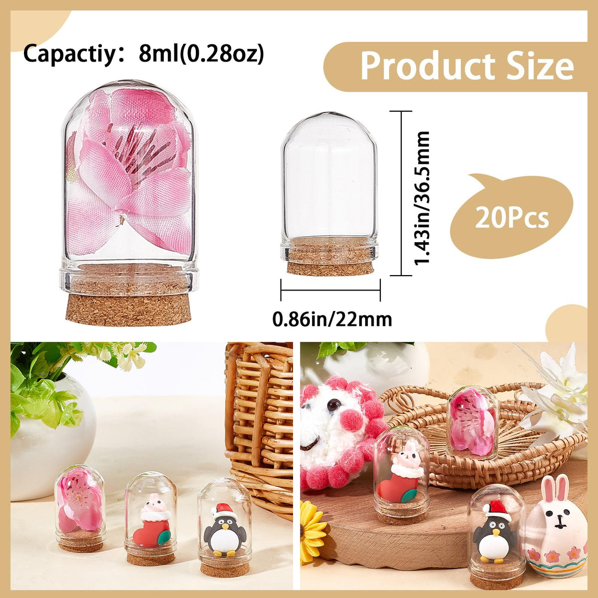 CRASPIRE 20 Sets Glass Cloche Dome Mini Display Bell Jar with Cork Base 1.43Inch Terrarium Bottles Container Stand Cover Case Clear Decorative Case for Small Figurine Flower Wedding Christmas Party