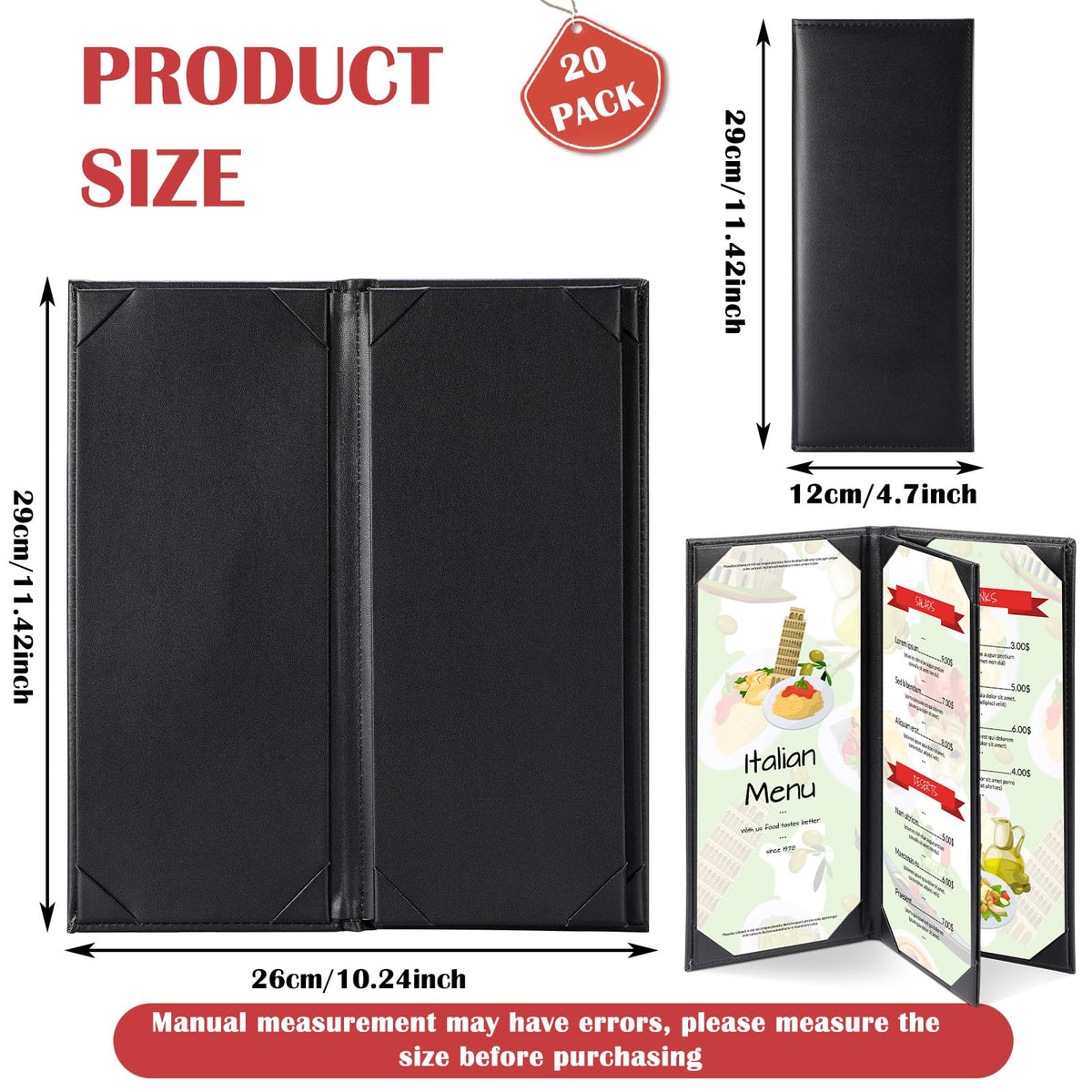 Jexine 20 Pcs Black Menu Covers Waterproof Restaurant Cafe Bar PU Leather 4 View Fold Menu Book with Angled Corners for Wine Drinks Cafes List Covers Set, 4.25 x 11 Inches
