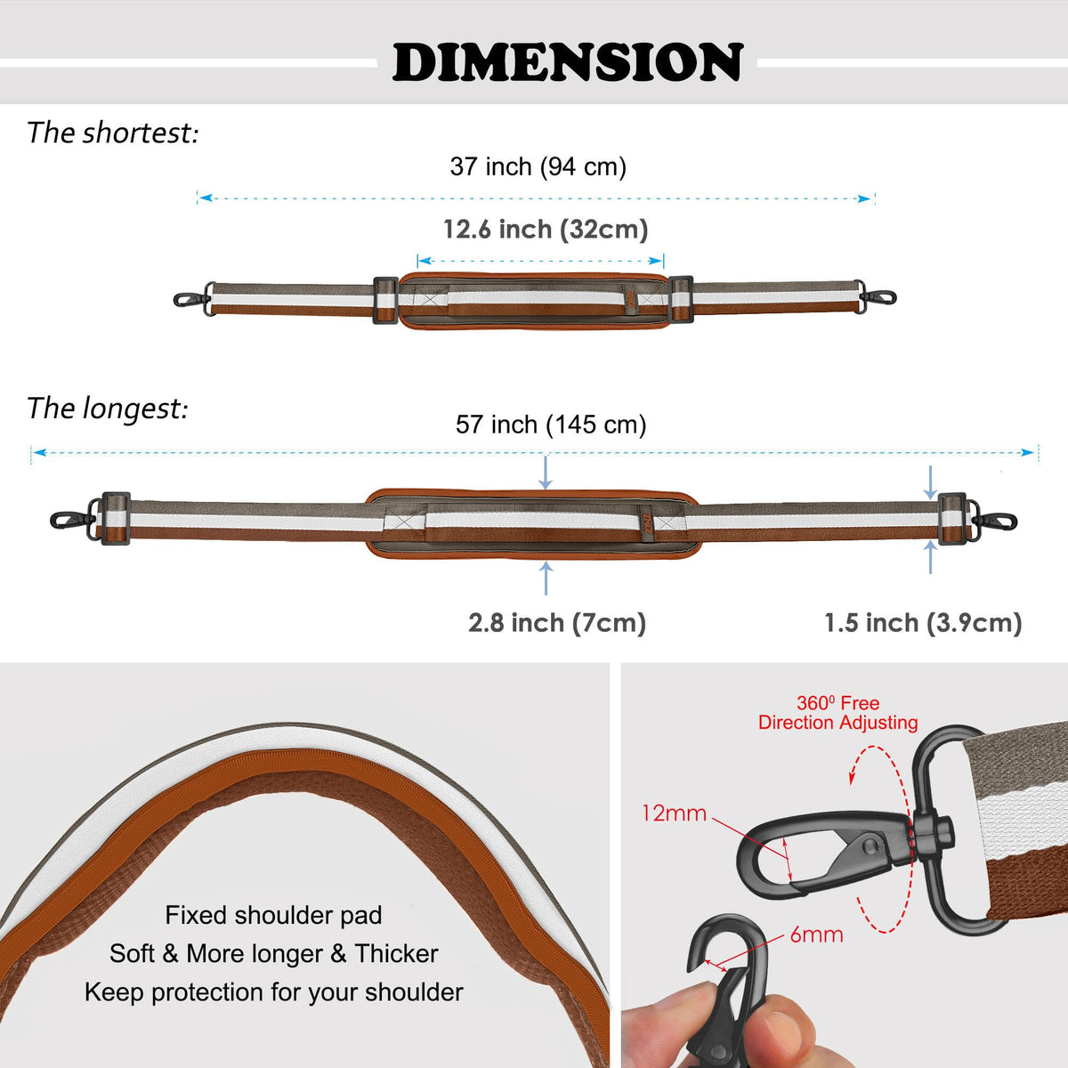 ZINZ Shoulder Strap, 57" Padded Adjustable Shoulder Bag Straps Replacement for Bags with D-Ring(Stripes-BrWGy)