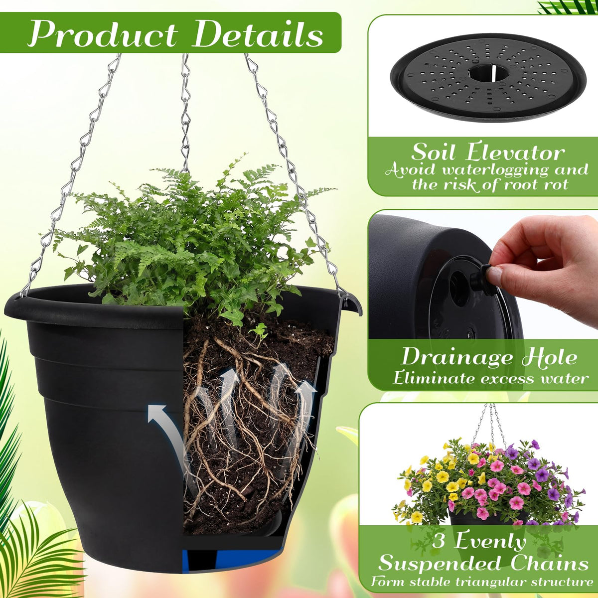 Romooa 20 Pack 10 Inch Plastic Hanging Planter Bulk Black Hanging Baskets for Plants with Drainage Trays Self Watering Plant Pot Outdoor Indoor Planter for Garden, Balcony, Porch, Patio Decor