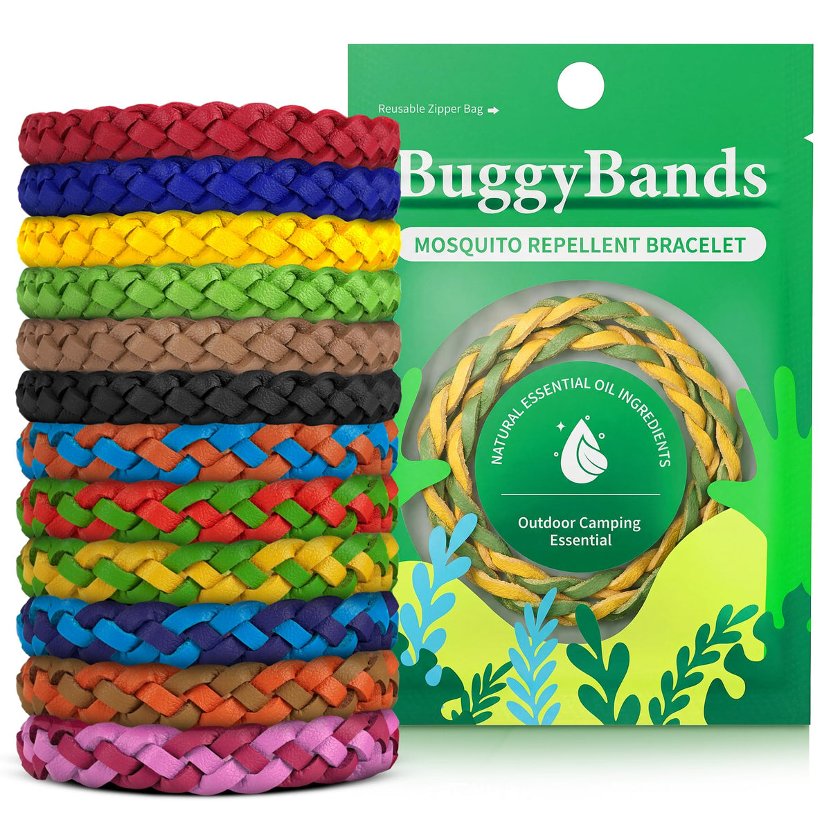 BuggyBands 24 Pack Mosquito Repellent Bracelets for Adults & Kids, DEET-Free, Individually Wrapped, Adjustable PU Leather Bug Repellent Wrist Bands