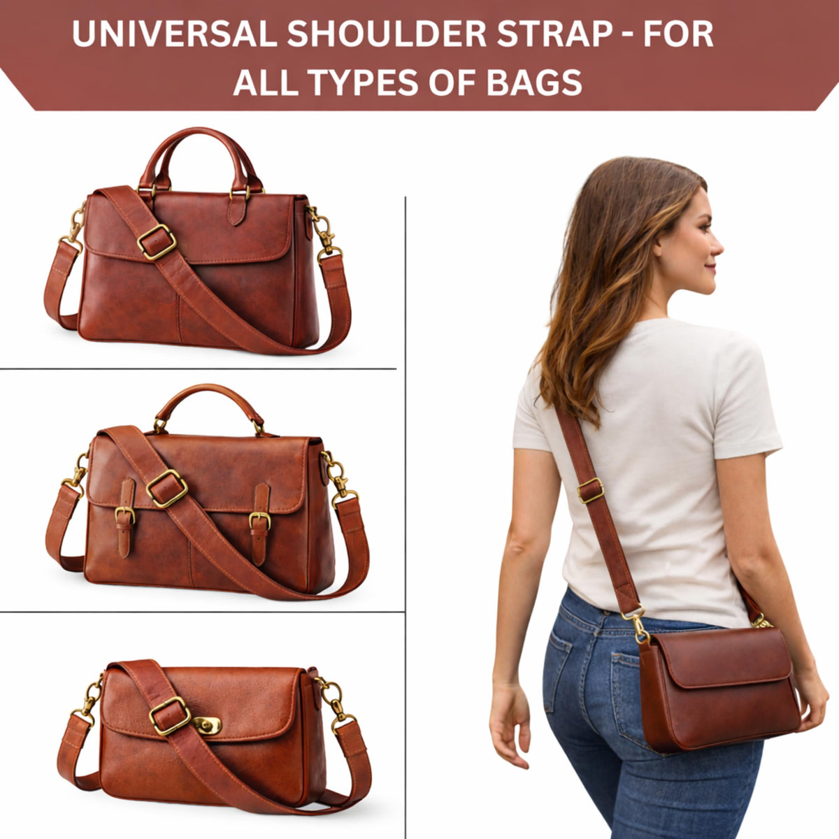 Genuine Leather Purse Strap Replacement 60 Inch, 1 Inch Wide Adjustable Crossbody Shoulder Strap with Metal Swivel Hooks for Handbag Tote Messenger Bag (Brown)
