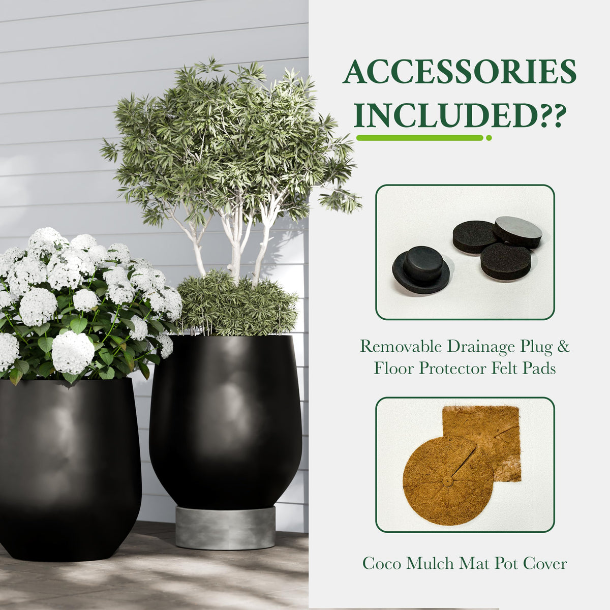 DTY Premium Mt Wilson Tall Tapered Fiberstone Planter for Indoor Outdoor Use, Modern Large Olive Tree Pot with Drainage Hole, Includes 2 Coco Mats. Black, Medium 15'' D x 16.7” H. 11.2” Pot Opening