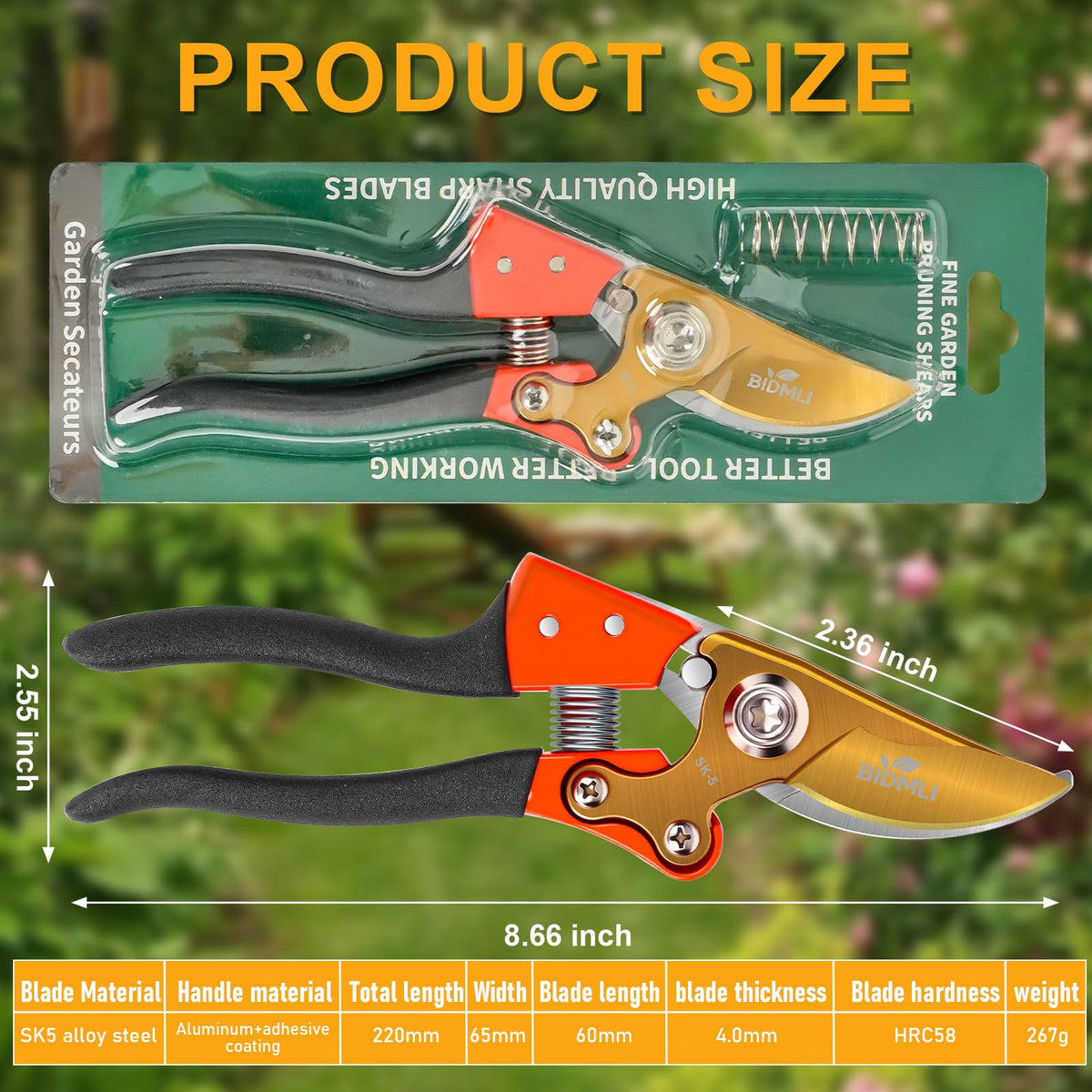 Heavy Duty Pruning Shears，Garden Scissors & Clippers with Red-BIDMLI 8.66" SK5 Steel Blades & Aluminum Alloy Handles, Tree Branch Cutter, Ideal for Thick Branches, Dry Twigs, Flower Pruning Tool.