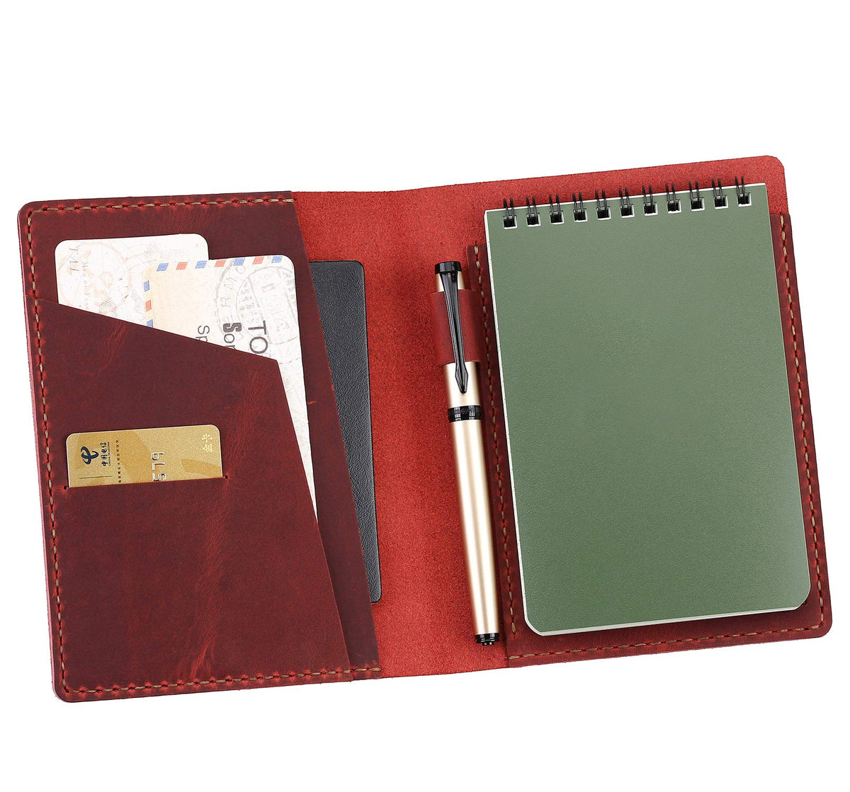 Fasjosma Leather Cover Compatible with Rite in the Rain & Rocketbook Mini Notebooks, Top Bound Spiral Notebook Cover, Leather Cover for 4'' x 6'' Pocket Notepad With Pen Holder - WINE