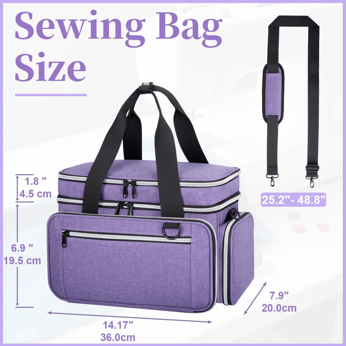 Anitor Large Sewing Supplies Organizer, Double Layer Sewing Storage Organizer with Two Detachable Dividers, Travel Sewing Bag Organizer with Shoulder Strap for Accessories, Purple, (Bag Only)