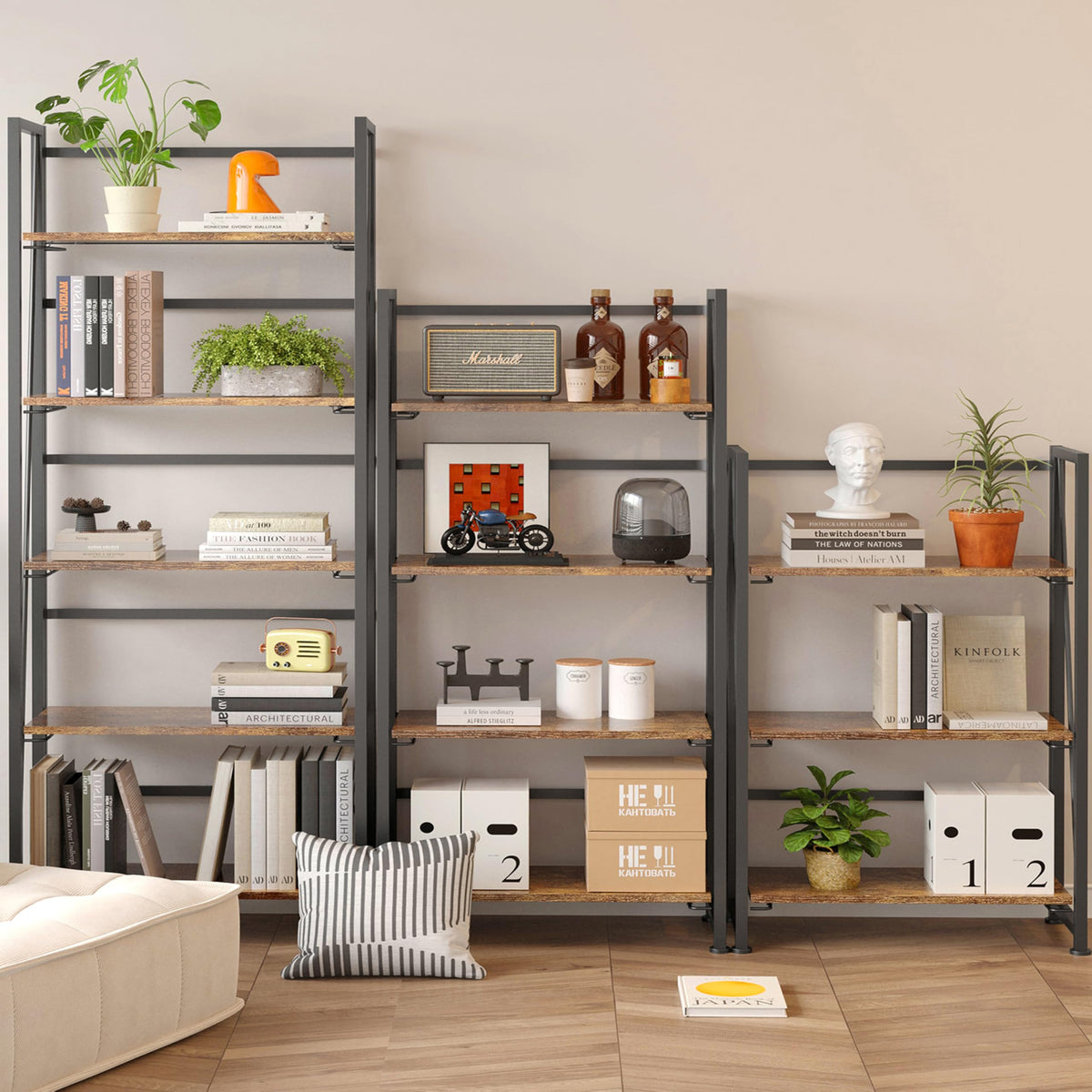 BHG Vintage Multifunctional Folding Bookshelf, No-Assembly Plant Stand Storage Rack Shelves for Home Office (Fire, 5-Tier)