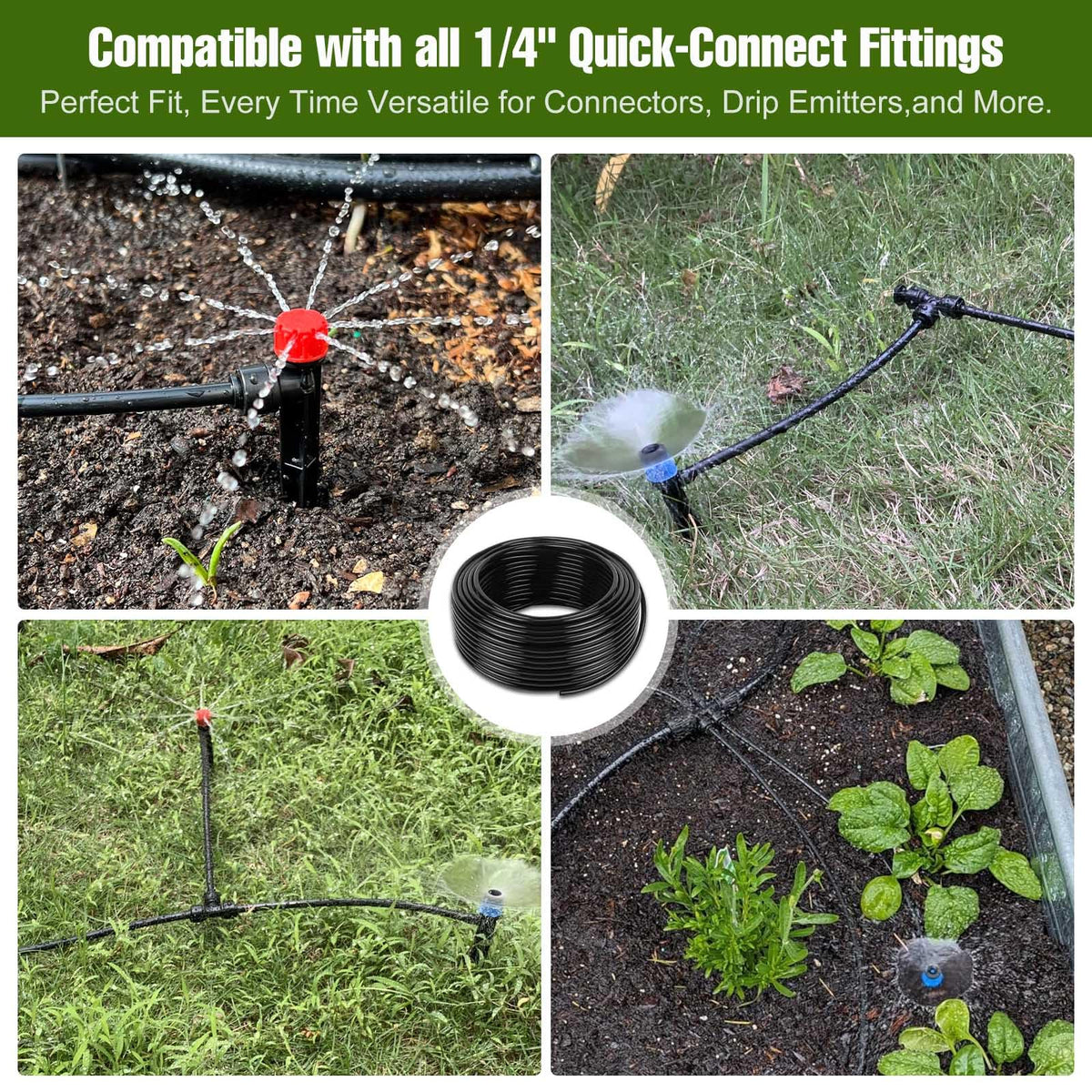 50FT 1/4 Inch Drip Irrigation Tubing with 5 Pack Push-to-Connect 1/4" Tee Connectors, Distribution Drip Line Hose & Universal Tee Fitting, for Drip Irrigation Parts or Drip System and Misting System