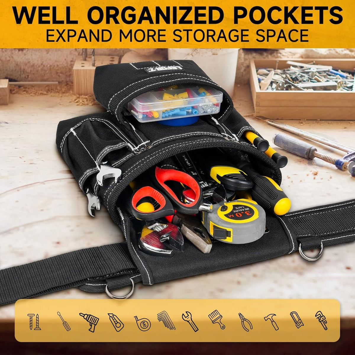 Tool Belt with Suspenders,27-Pockets Heavy Duty Tool Belts for Men with Magnetic Tool Pouch,Detachable & Adjustable Work Belt Bag for Electrician,Carpenter,Construction,Utility Toolbelt,Black