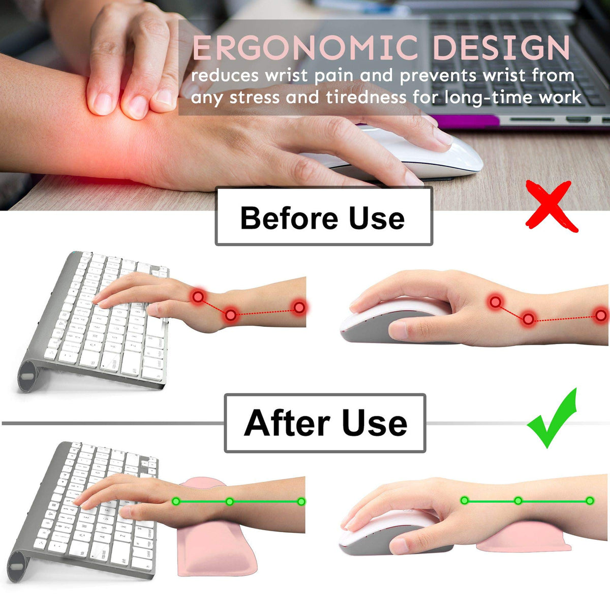 iFine Upgrade Cleanable PU Leather Keyboard Wrist Rest Pad & Mouse Wrist Cushion Support for School, Office, Home, Computer, Laptop, Mac, Waterproof Lightweight Comfortable Pain Relief Typing -Pink