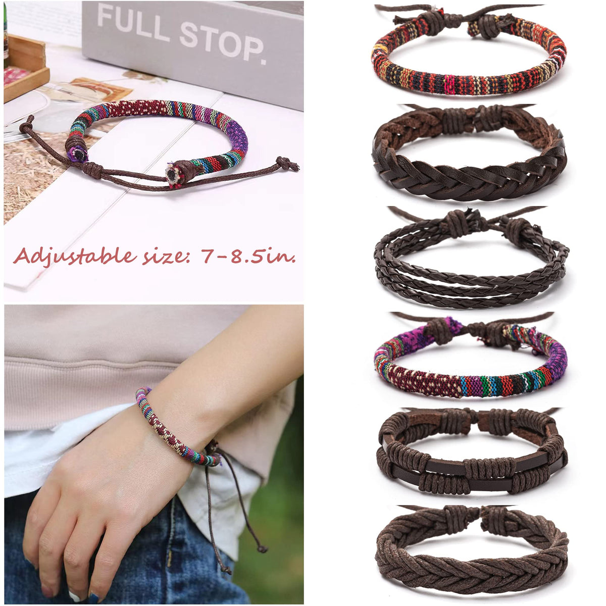 MOZAKA 36Pcs Braided Leather Bracelets for Men Women Handmade Wrap Woven Cuff Bracelets Wooden Beaded Bracelets Vintage Ethnic Tribal Wristbands Bracelet Set Adjustable