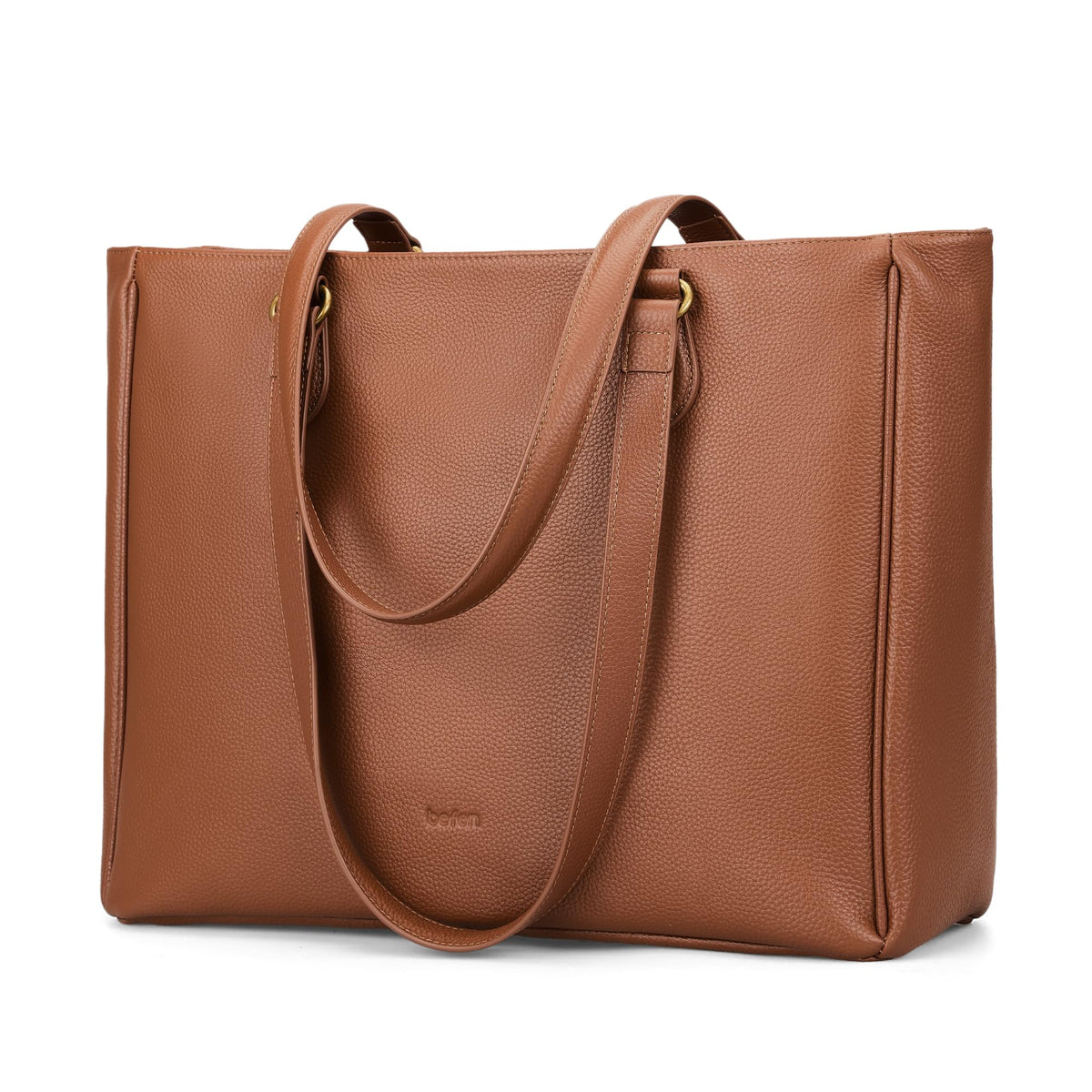 befen Real Leather Work Tote Bag for Women Multi-Pockets Shoulder Totes Purse Satchel Office Bags Handbag with Cup Holder for Work & Travel Cognac Brown