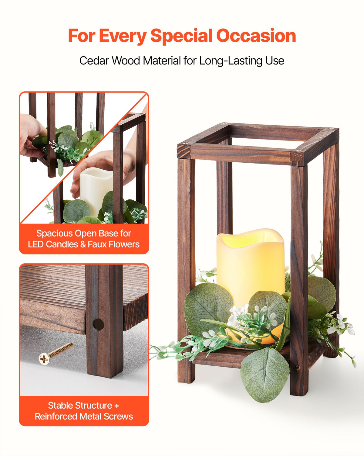 VEVOR 12 Set/36 Pcs Wooden Wedding Lantern Centerpiece, Includes 12 Wooden Lantern Candle Holder 12 Flameless LED Candle 12 Eucalyptus Leaves Wreath for Wedding Table Party Farmhouse Decor, Brown