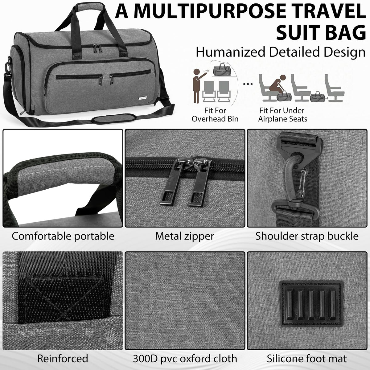 AKOZLIN Convertible Garment Bag for Travel 3 in 1 Carry On Garment Duffle Bag with Shoes Compartment Hanging Suitcase Suit Travel Storage Bags For Men Women Grey