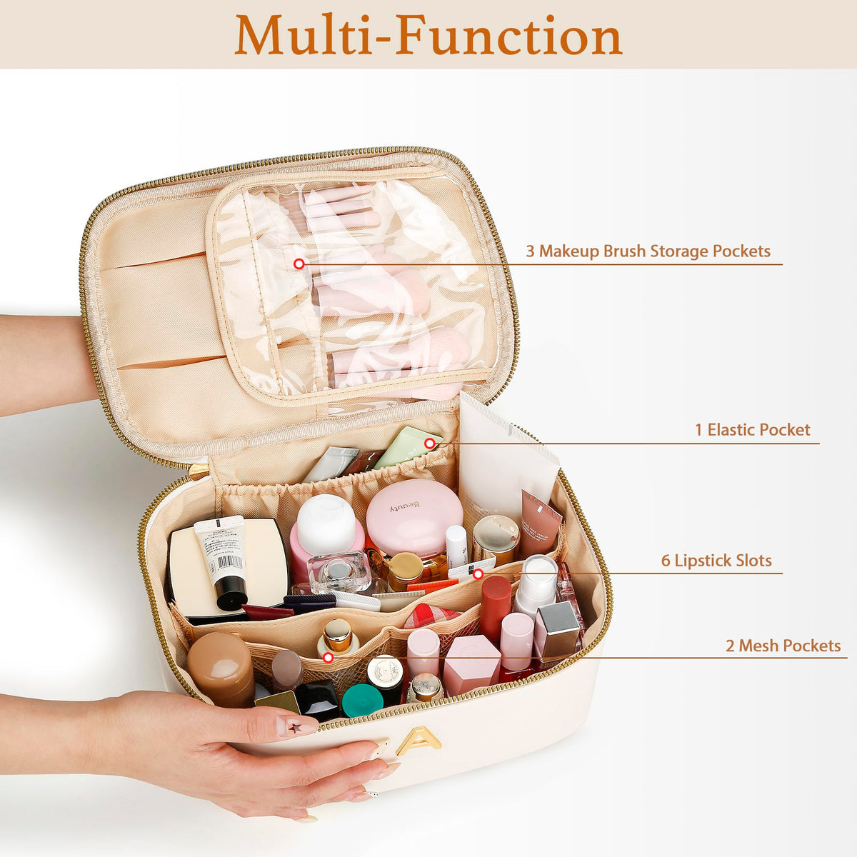 CLOUDWINGS Gifts for Women Travel Makeup Bag Personalized Cosmetic Bag Portable Large Capacity Toiletry Bag(Beige-E)