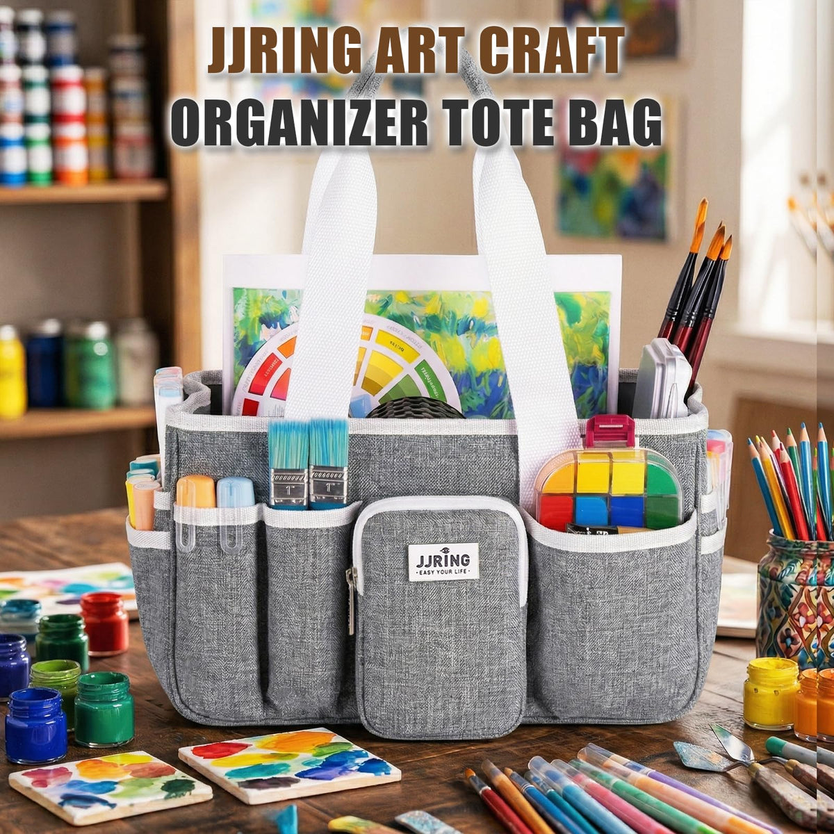 JJRING Craft Organizer Tote Bag, Portable Art Caddy with Adjustable Divider&Secure Zipper Pocket, Large Foldable Storage Tote for Scrapbooking, Sewing, Artist and Home(Grey)