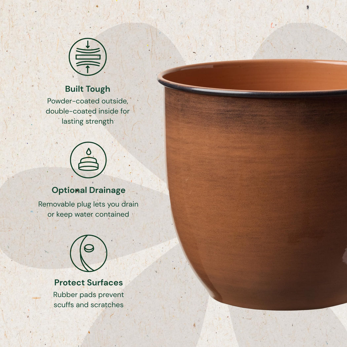 Bloem Canyon 8" Terra Cotta Orange Round Metal Gloss Planter Cachepot with Removable Drain Plug