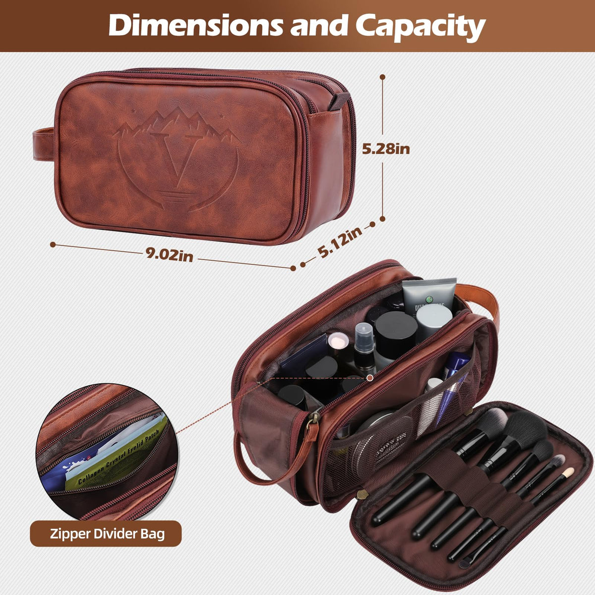 Ecttunafe Engraved Father Day Gifts Toiletry Bag for Men Dad Husband, Custom Initial PU Leather Waterproof Toiletry Organizer Dop Kit Shaving Bag Travel Essentials, Large, Durable, Brown,V
