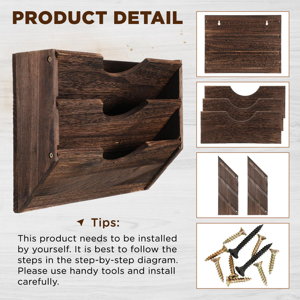 RattanView 3 Wall Wood File Organizer Hanging File Organizer for Office Rustic Paper Mail Organizer Mounted Storage Rack for Home Documents Magazine Literature Folders Brown