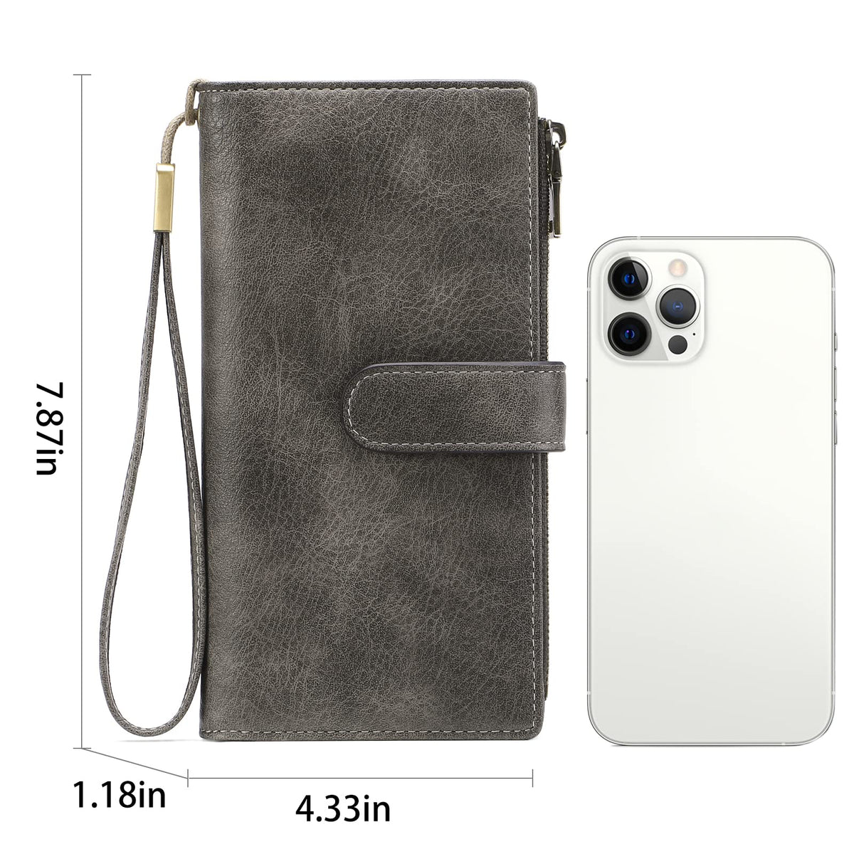 GOIACII Wallet for Women Large Wristlet Purse Trifold Clutch Grey