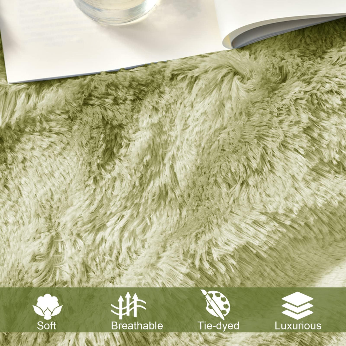 Exclusivo Mezcla Fuzzy Faux Fur Throw Blanket, Reversible Shaggy Sherpa Fleece Tie Dyed Blankets, Fluffy Plush Warm Throws for Couch, Bed, 50x60 Inches, Olive Green