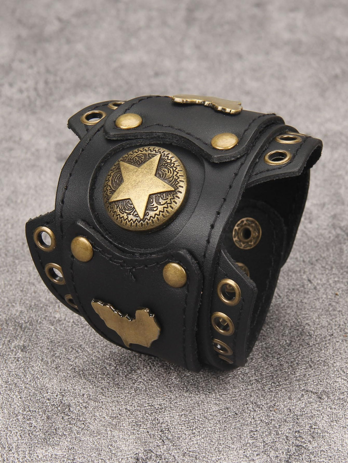 GelConnie Womens Black Leather Cuff Bracelet Wide Leather Biker Cuff Bracelet for Men Star Studded Punk Rock Wristband Gothic Bracelets