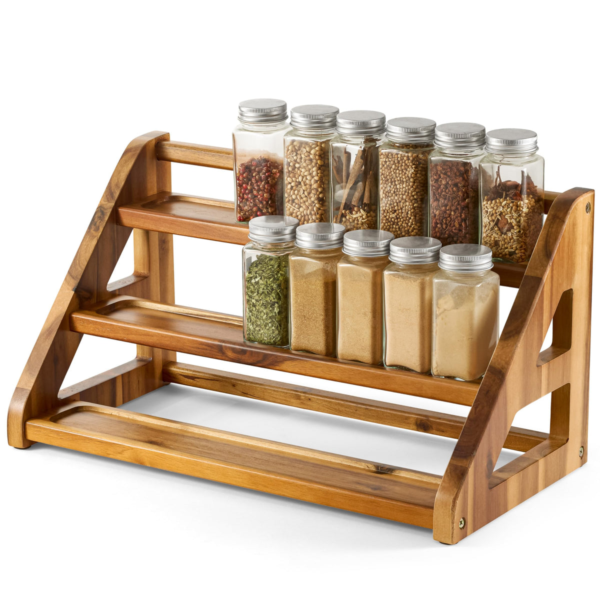 Tinamo Acacia Wood Spice Rack for Countertop - Wooden Tray Holds 24 Jars Spice Racks Organizer for Storage Shelf - 3 Tiered Spice Rack Organizer for Cabinet - Spice Shelf for Kitchen Pantry (Acacia)