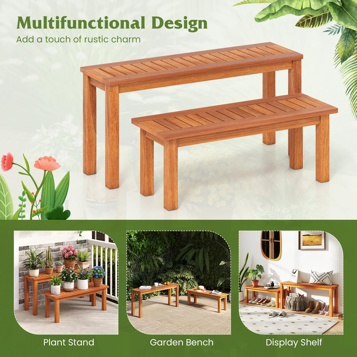 HOMGX Wooden Plant Stand Set of 2, Multifunctional Outdoor Backless Garden Bench with Slatted Seat, Easy Assembly, Rustic Flower Display Shelf for Yard, Entryway, Max Load 330 lbs, Natural