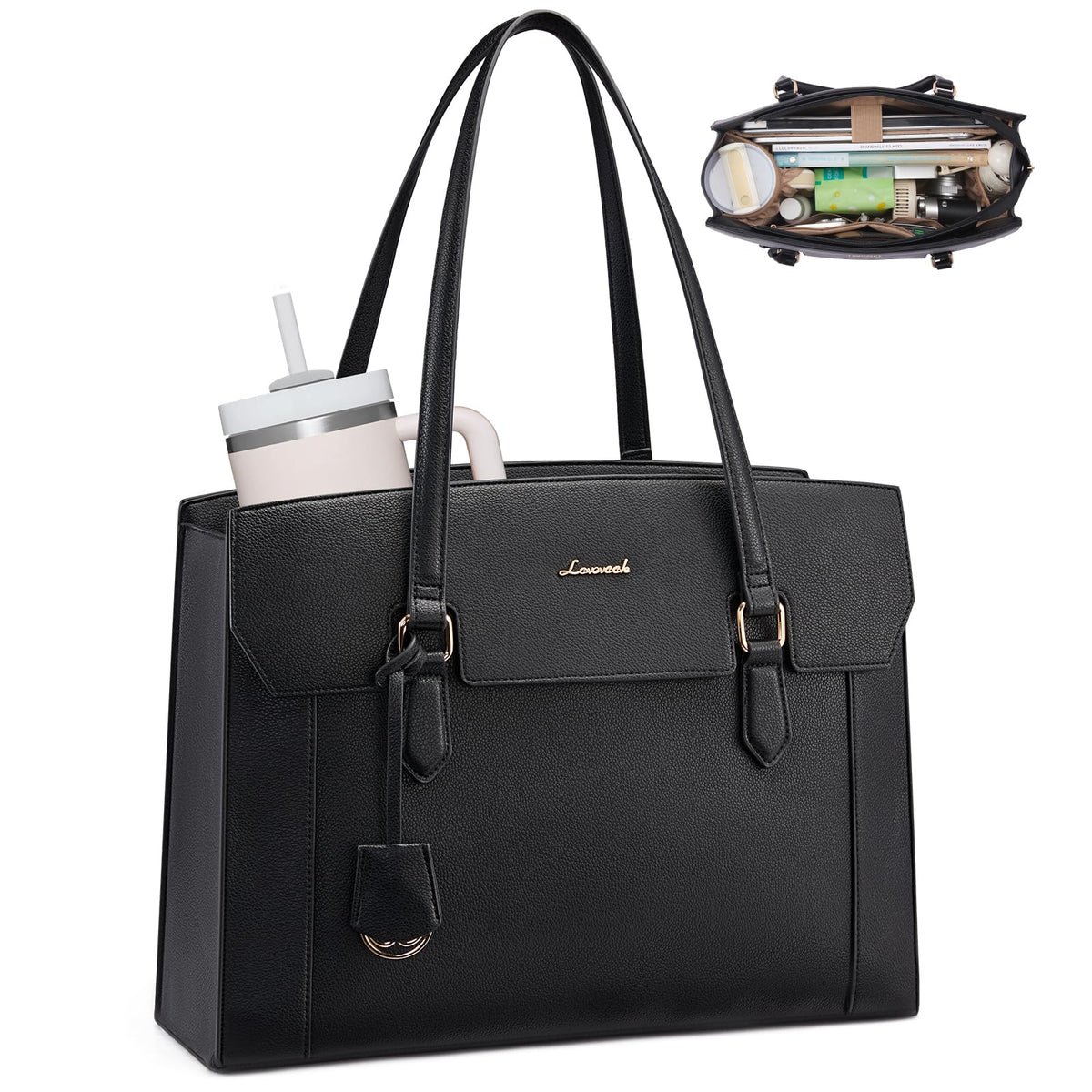LOVEVOOK Laptop Tote Bag for Women,Computer Work Bag With Large Cup Holder,15.6 Inch Waterproof PU Leather Purse Briefcase for Teacher