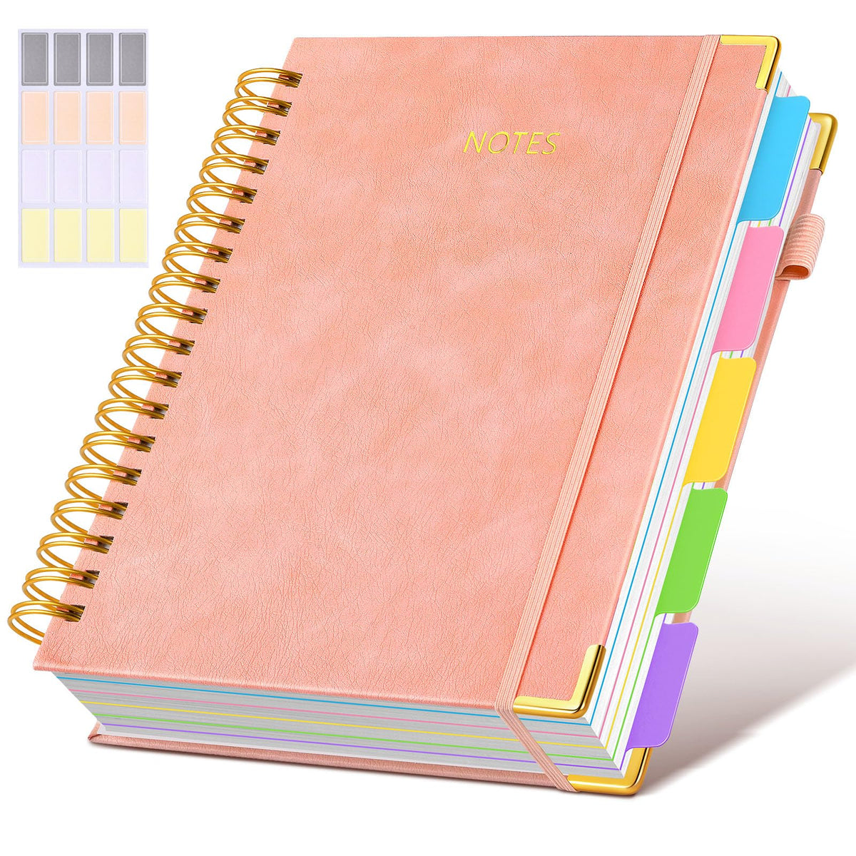 Hardcover Spiral Notebook Journal with Removable Dividers Tabs, 300 Pages Leather 5 Subject Notebook College Ruled, 8"x10" Large B5 Notebooks for Work School Note taking, Lined Journal for Women, Pink