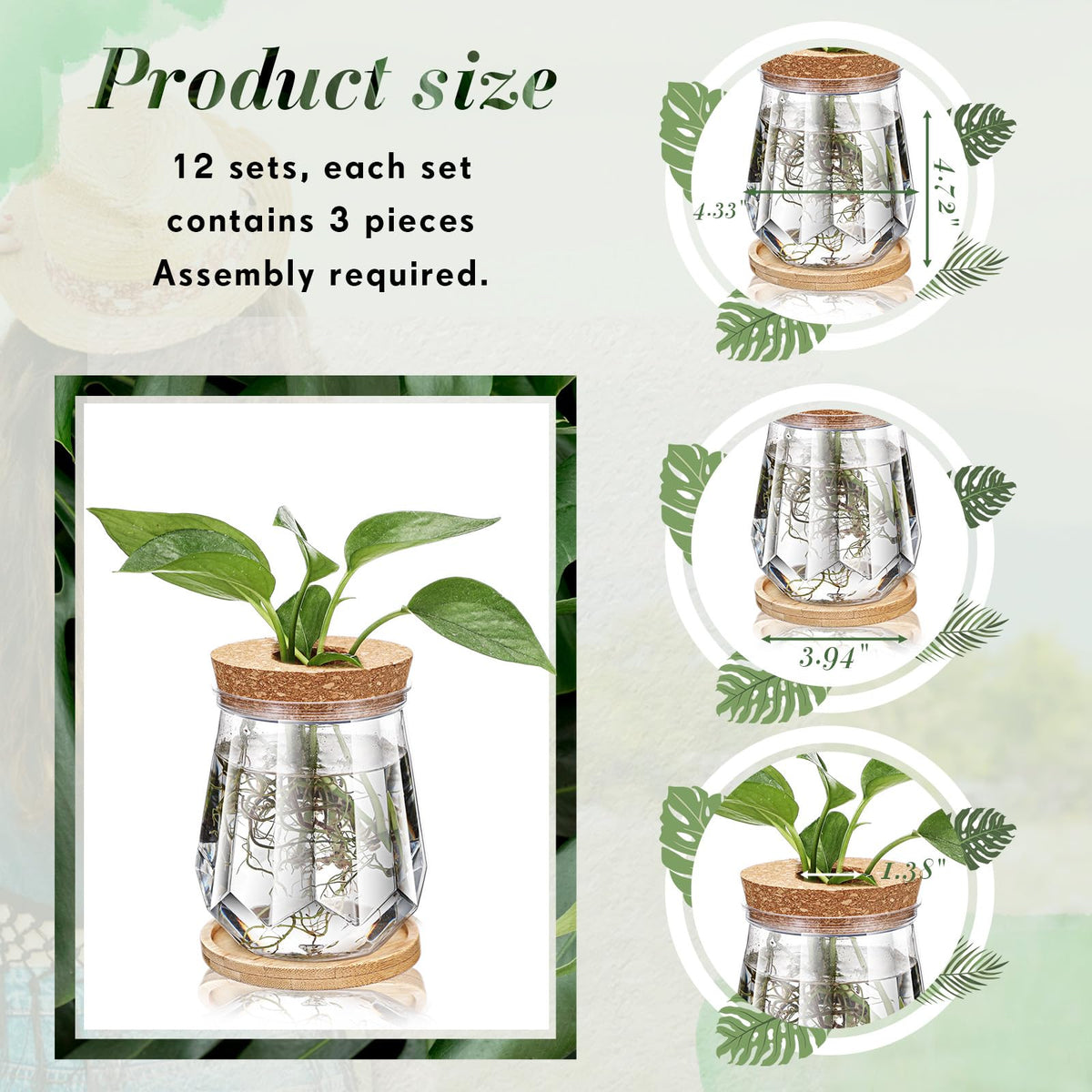 Baderke 12 Packs 4.7" Large Plastic Propagation Vases for Plants with Hole Lid and Bamboo Stand Growing in Water Hydroponic Home Office Desktop Vase Decoration