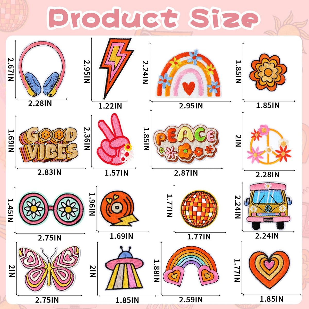 AUGSUN 60pcs Hippie Embroidered Patches Random Assorted Styles Hippie Theme Iron on Patches for Girls, Wonmen DIY Sew Applique Repair Patch Cute Sew on Patches for Backpacks Pants Clothes Jeans