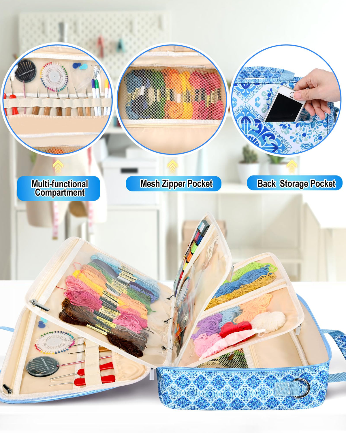 Telawsfun Sewing Supply Storage Bag with Removable Binder, Large Capacity Sewing Organizer Tote With Multi Pocket for Threads, Needles, Scissors, Craft Supplies(Blue Floral)