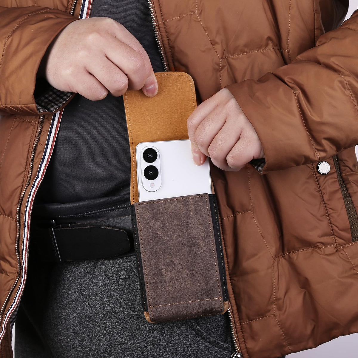 Bourisen Universal Phone Holster Phone Pouch Case Belt Clip Belt Loops Card Slot Faux Leather for Man iPhone 17/16/15pro max,16/15Plus,Samsung S25 24 S23 S22 Ultra (Brown&Yellow, XL(6.6"x3.4"x0.8"))