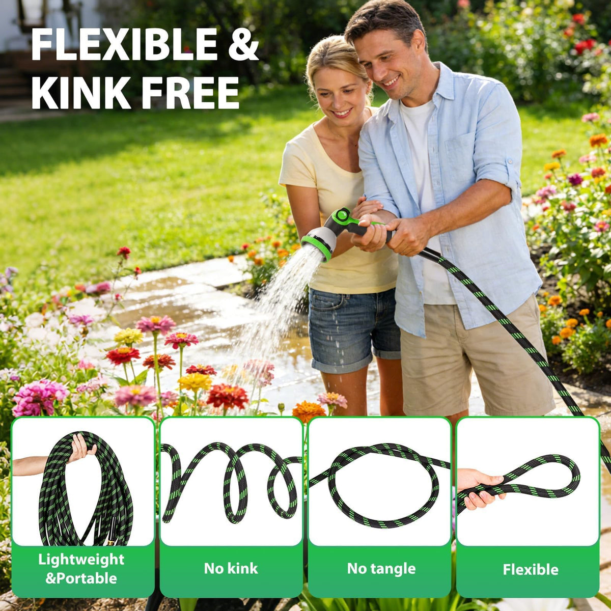 Ahititi Garden Hose 100 ft Water Hose Flexible Non-Expandable Outdoor Heavy Duty Lightweight Leakproof Kink-free flex Watering Hose Pipe for 3/4 inch Fitting Yard Lawn Outside Car Wash
