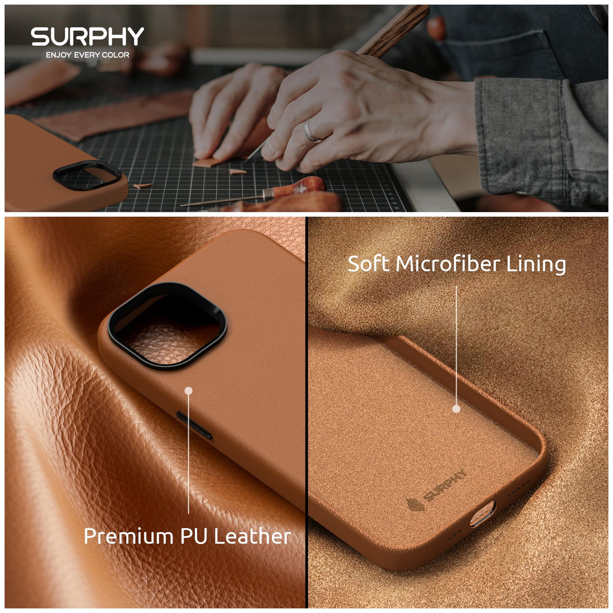 SURPHY Compatible with iPhone 13 Case, Premium Faux Leather Phone Case (with Metallic Buttons & Microfiber Lining) for 13 (6.1 inch 2021), Brown