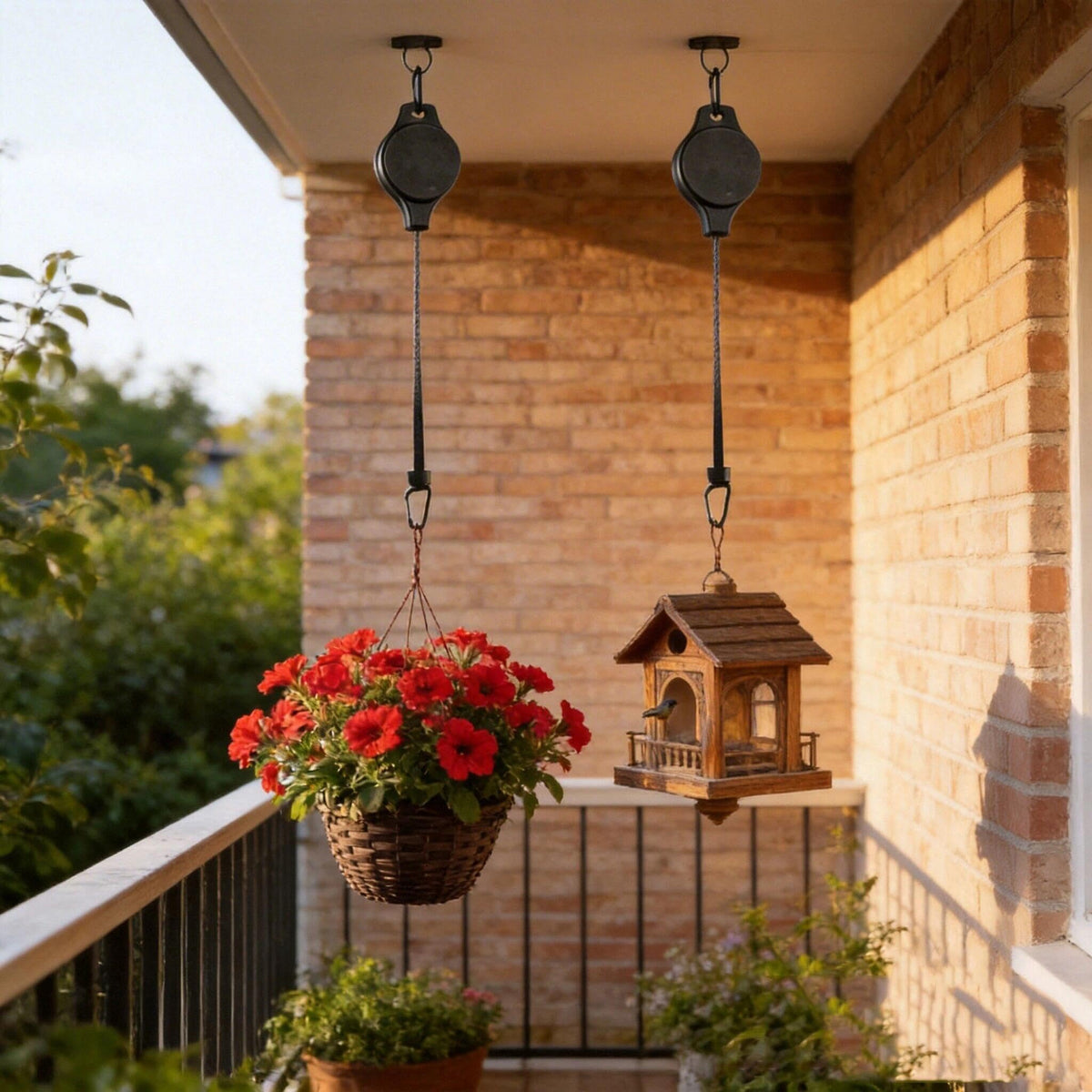DKUWBJAS Retractable Plant Hanger Heavy Duty - Adjustable Hanging Height for Flower Baskets, Planters & Bird Feeders on Patio, Balcony - Strong Pulley System - 2-Piece Set