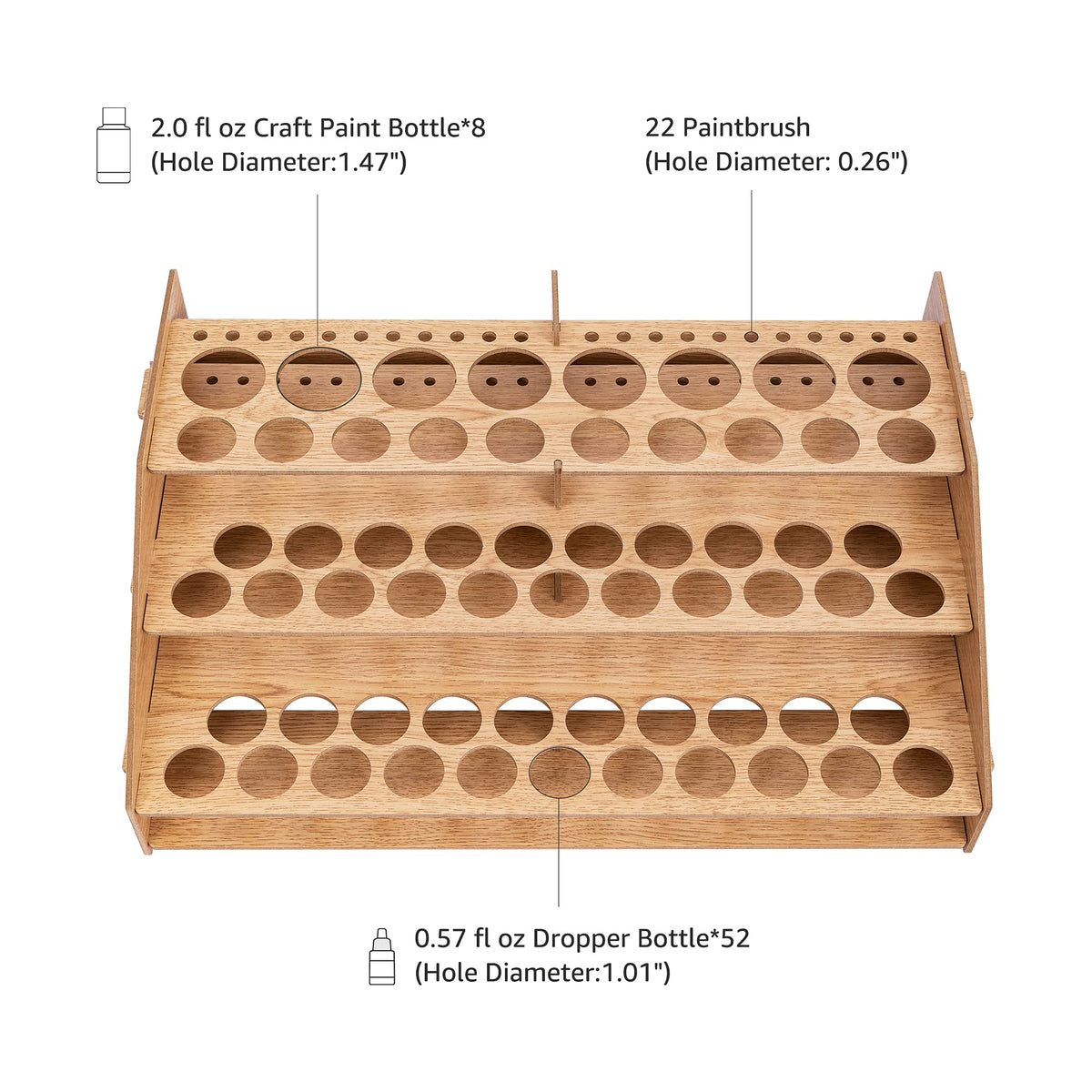 Amazon Basics Craft Paint and Brush Organizer Rack for Paint Bottles, Holds up to 60 Bottles and 22 Brushes, Wood Finish, 14 x 8 in, Light Brown