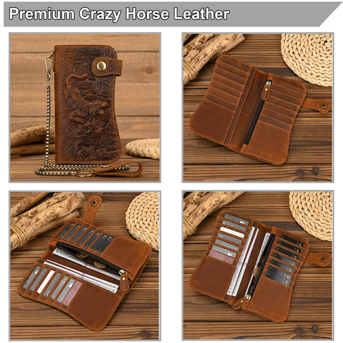 Yevabo Retro Full-grain Genuine Leather Long Wallet Tiger Embossed Bi-fold Clutch Wallet with Anti-Theft Chain, Card Holder Zipper Coin Purse for Men, Brown