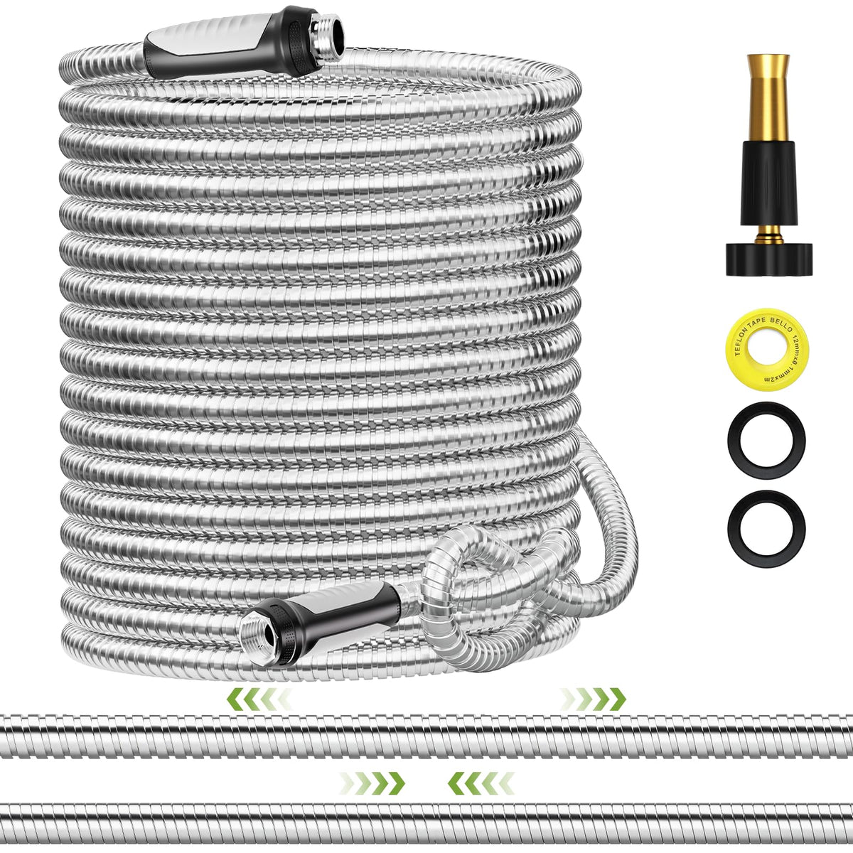 SPECILITE Expandable Garden Hose 100 FT, 304 Stainless Steel Heavy Duty Metal Water Pipe with Adjustable Nozzle - Flexible, Kink Free, Leak-Proof, Lightweight, for Outdoor, Yard, Lawn, Car Washing